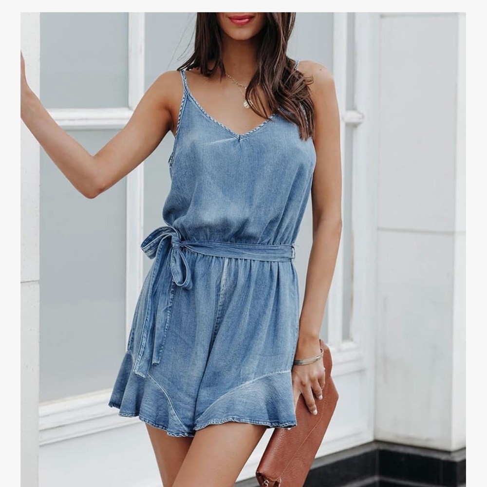 Womens Denim Rompers Spaghetti Strap Belted Short Jean Jumpsuit with Pockets